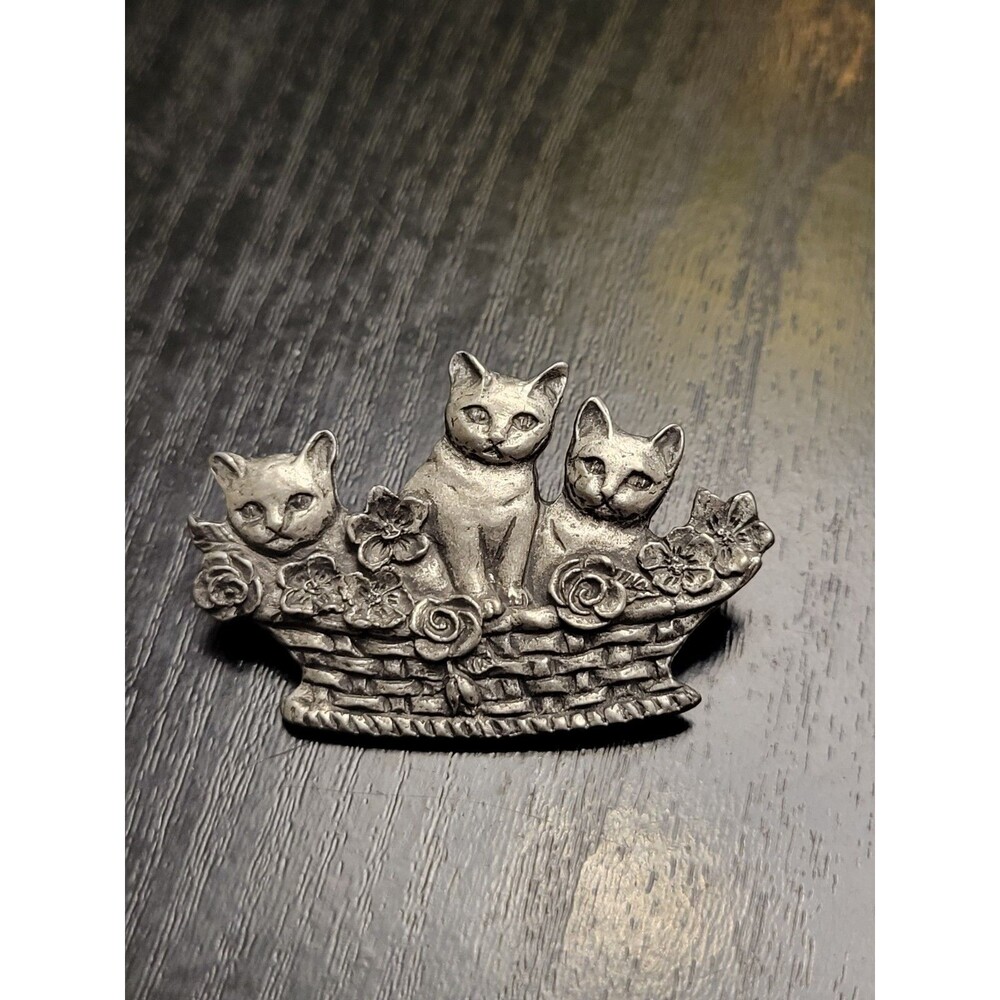 Vintage 1987 Brooch Pin Seagull Pewter Canada Cats In Basket Grandma Cottagecore